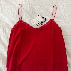 BNWT Sezane Red Lace Trim Silk Cami Tank Top